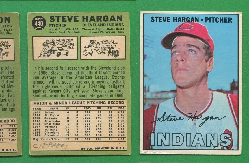 1967 Topps Baseball ~~~ STEVE HARGAN ~~~ No. 440 ~~~ Free S/H - Image 1 of 1