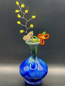 Vintage Mini Knospen Vase Keramik blau Tropfglasur Japan mit Perlen Blumen #200 - Bild 1 von 11