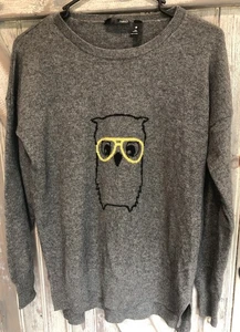 Owl In Eyeglasses Gray 100% Cashmere Sweater Bookish Preppy Librarian Aqua Large - Picture 1 of 14