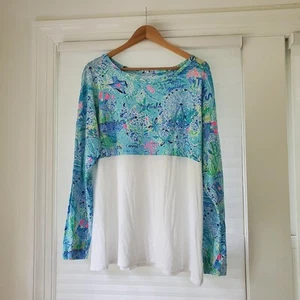 Top Lilly Pulitzer Finn manica lunga blu Bayside Lilly Loves Texas taglia XXL - Foto 1 di 9