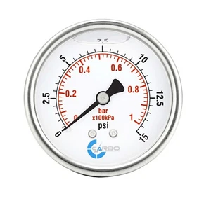 2" Pressure Gauge, Stainless Steel Case, Liquid Filled, Back Mnt, 15 Psi - Picture 1 of 4