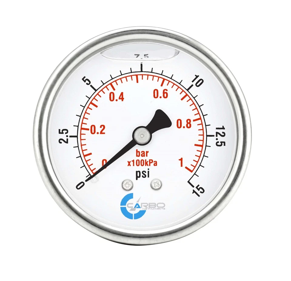 2"  Pressure Gauge, Stainless Steel Case, Liquid Filled, Back Mnt, 15 Psi - Image 1 of 4