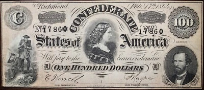 1864 $100 Confederate States Of America Currency T65 CR493 1 R.3 P92 - Image 1 of 2