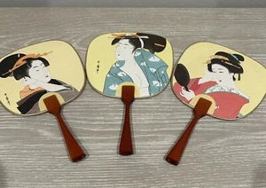 Japanese Mini Uchiwa Paper Hand Fan Geisha Set Of 3 - Lacquered Bamboo Handle - Picture 1 of 13