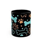 Black Mug 11 ounces Coffee Beverage Custom Graphics Paws Dog Bones