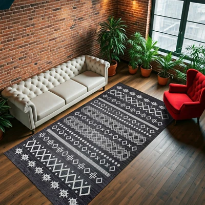 Nordic Style Black and White Washable Rug, Geometric Patterned Area Rug - Image 1 of 4