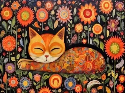 Beautiful Orange Cat & Flowers - Canvas Art Print - Unframed - 12"x16" - New - Image 1 of 4