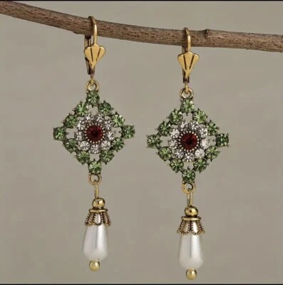 Ornate Pearl And Peridot Simulation Drop Earrings - Image 1 of 2