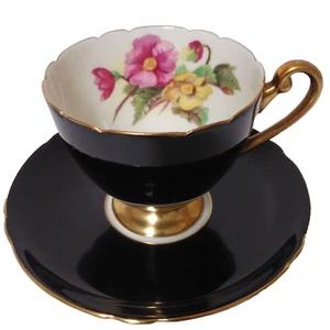 Vintage Shelley Bone China Tea Cup & Saucer-Glossy Black, Wild Roses & Gold Trim - Picture 1 of 18