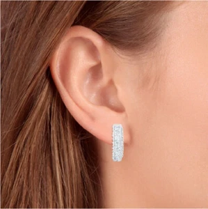 1 CT Round Cut Diamond Cluster Half Hoops 14K White Gold Over Earrings - Picture 1 of 3