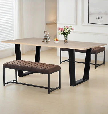 Dining Set, Wooden Kitchen Table 1.8m with 2 Deluxe Leather Effect Dining Bench - Image 1 of 4