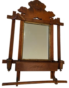 Antique Eastlake Style Shaving Mirror Shelf Pocket Towel Bar 1800s Candle Holder - Picture 1 of 13