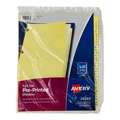 Avery Pre-Printed Divider 1-31 Tab Buff Index Divider Copper Reinforced Holes - Image 1 of 4