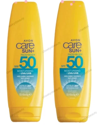 x 2 AVON CARE SUN+ FACE+BODY SPF50 MOISTURISING SUN CREAM, WATER RESISTANT 135ml