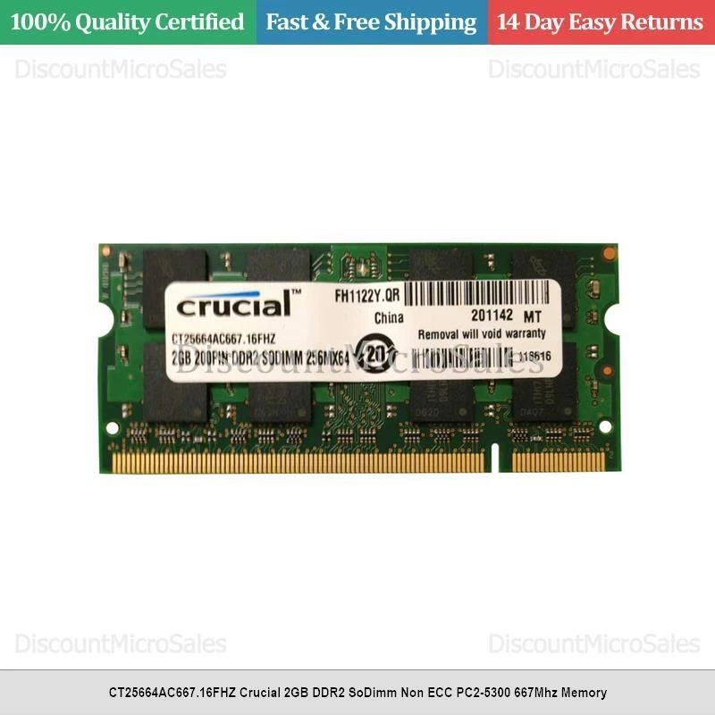 CT25664AC667.16FHZ Crucial 2GB DDR2 SoDimm Non ECC PC2-5300 667Mhz Memory - Image 1 of 1