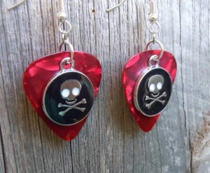 Skull and Crossbones Black Coin Charm Guitar Pick Earrings - Pick Your Color - Picture 1 of 3