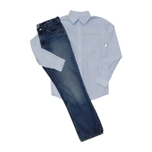 Size 16 Cat & Jack Blue Plaid Button Down & Dark Wash Relaxed Straight Leg Jeans - Picture 1 of 8