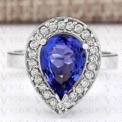 Anillo con halo de diamantes y tanzanita natural talla pera de 4,50 quilates enchapado en platino 950PT Foto 1 de 4