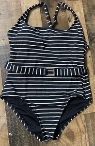 Lands' End Women's Striped Belted One Piece Swimsuit - Black L NWOT - Picture 1 of 13