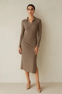 Cider Ribbed Midi Dress Size M Taupe Brown Long Sleeve Collared NWT - Picture 1 of 5