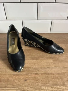 Bally Women’s Shoes Size 4 37 Navy Blue & Gold Wedge Heel Shoes Summer - Picture 1 of 9