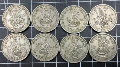 Lote de 1 chelín 1946, 1947, 1948, 1949 E & S Gran Bretaña - 1946 son 50 % plata Foto 1 de 4
