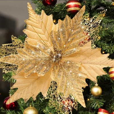 Decoraciones grandes de flores de pascua con brillo navideño de 10"", 10 piezas de Navidad... Foto 1 de 4