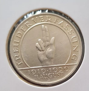 1919-1929 Deutschlandmünze 3 Mark HINDENBURG REICHS PRASSIDENT TREU DER VERFASSUNG - Bild 1 von 2