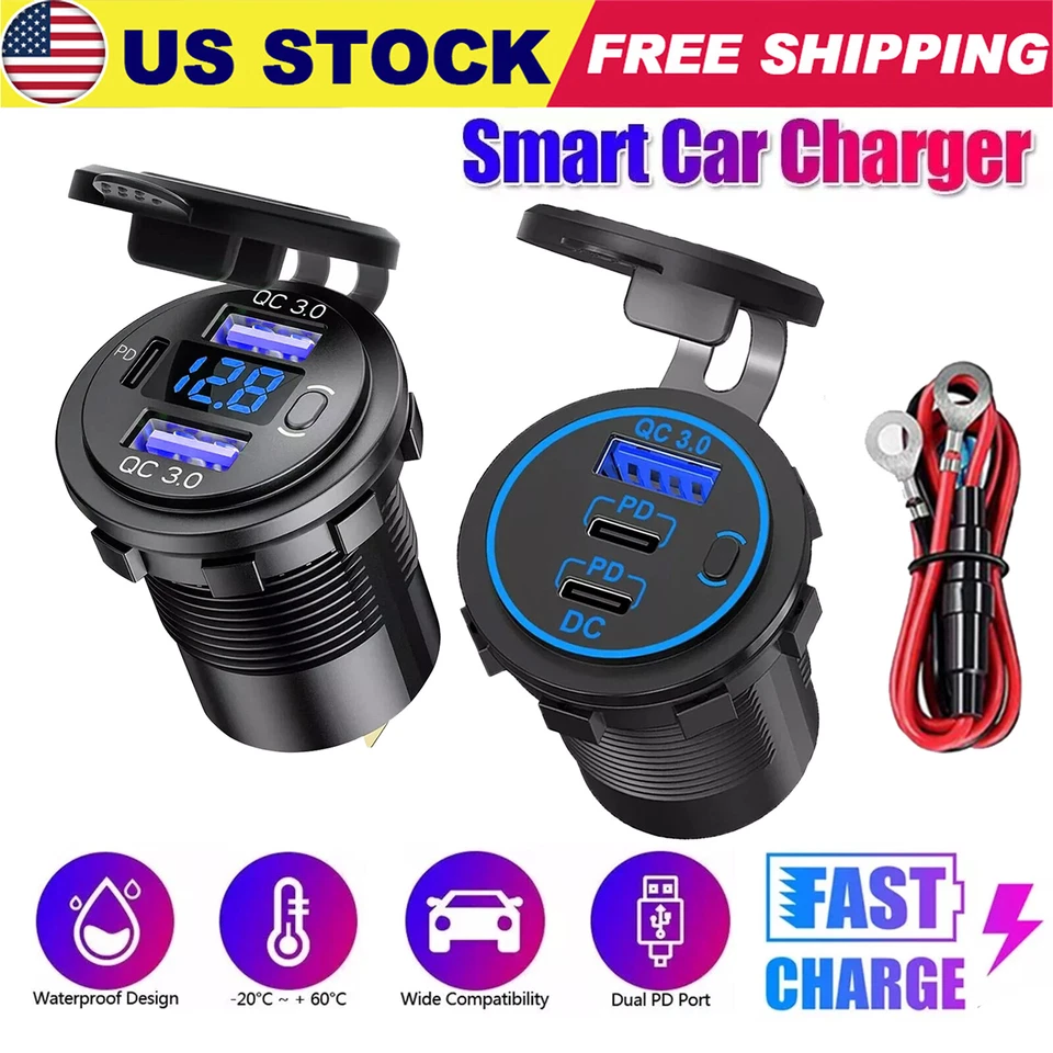 12V USB C Charger Port Fast Car Charger PD & QC Outlet Socket for Boat RV Marine - Image 1 of 1