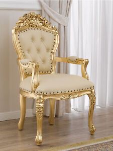 Poltrona con braccioli Allison stile Barocco Francese sedia foglia oro ecopel...