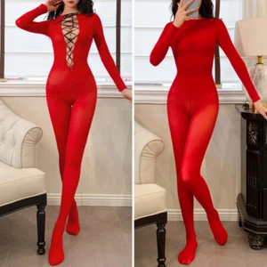 Lady Hollow out Mesh Bodysuit Semi Sheer Whole Body Hosiery Playsuits Sexy Slim - Picture 1 of 17