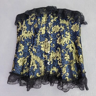 Top corsé para mujer mediano azul/dorado floral negro ribete de encaje ajustable deshuesado Foto 1 de 4