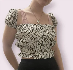 NEW bershka XS black white bardot ribbed ruched crinkle dotted dotty blouse top - Picture 1 of 4