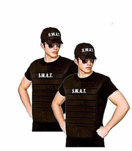 Adulto Negro SWAT FBI CHALECO Sombrero Policía Americano Elegante Vestido Policía Acolchado Disfraz - Imagen 1 de 2
