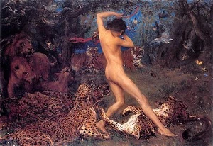 Orpheus by John Macallan Swan Vintage Image Art Print Nude Leopards Wildlife - Picture 1 of 1