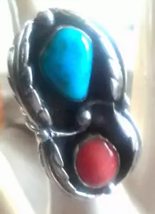 VTG Sterling Silver LRG Native American Turquoise☆Coral Ring☆Sz 7☆Vibrant Beauty - Picture 1 of 9