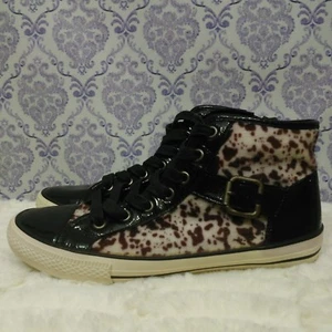 Aldo High Top Sneakers Womens 7.5 EUR 38 Faux Spotted Pony Hair Buckle Lace Up - Foto 1 di 12