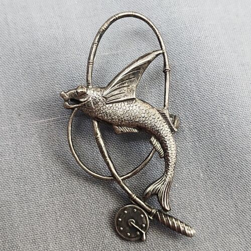 Vintage Fly Fishing Lapel Pin Silver Tone Casting Rod Reel Pole