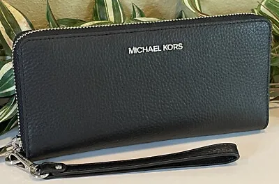 Michael Kors Jet Set Large Travel Continental Wallet Black Leather Silver • 74.99€