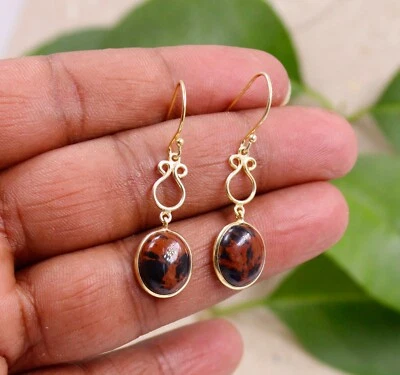 Orecchini pendenti placcati oro pietra preziosa ossidiana mogano regalo compl... - Immagine 1 di 3