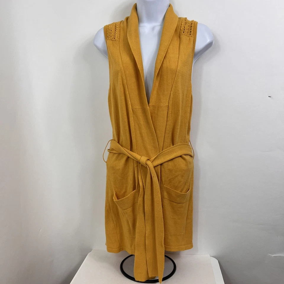 Cárdigan suéter de tul para mujer pequeño dorado sin mangas frente abierto cinturón ganchillo Foto 1 de 4