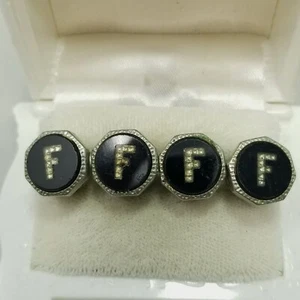 Vintage Snap Link F Cufflinks Black Silver Tone Monogram Initial Letter Art Deco - Picture 1 of 8