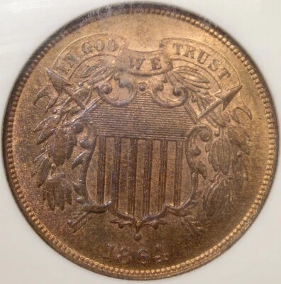 1864 TWO CENT PIECE GORGEOUS VERY SCARCE CHOICE PQ GEM NEAR TOP POP NGC MS 66 RB - Image 1 of 4