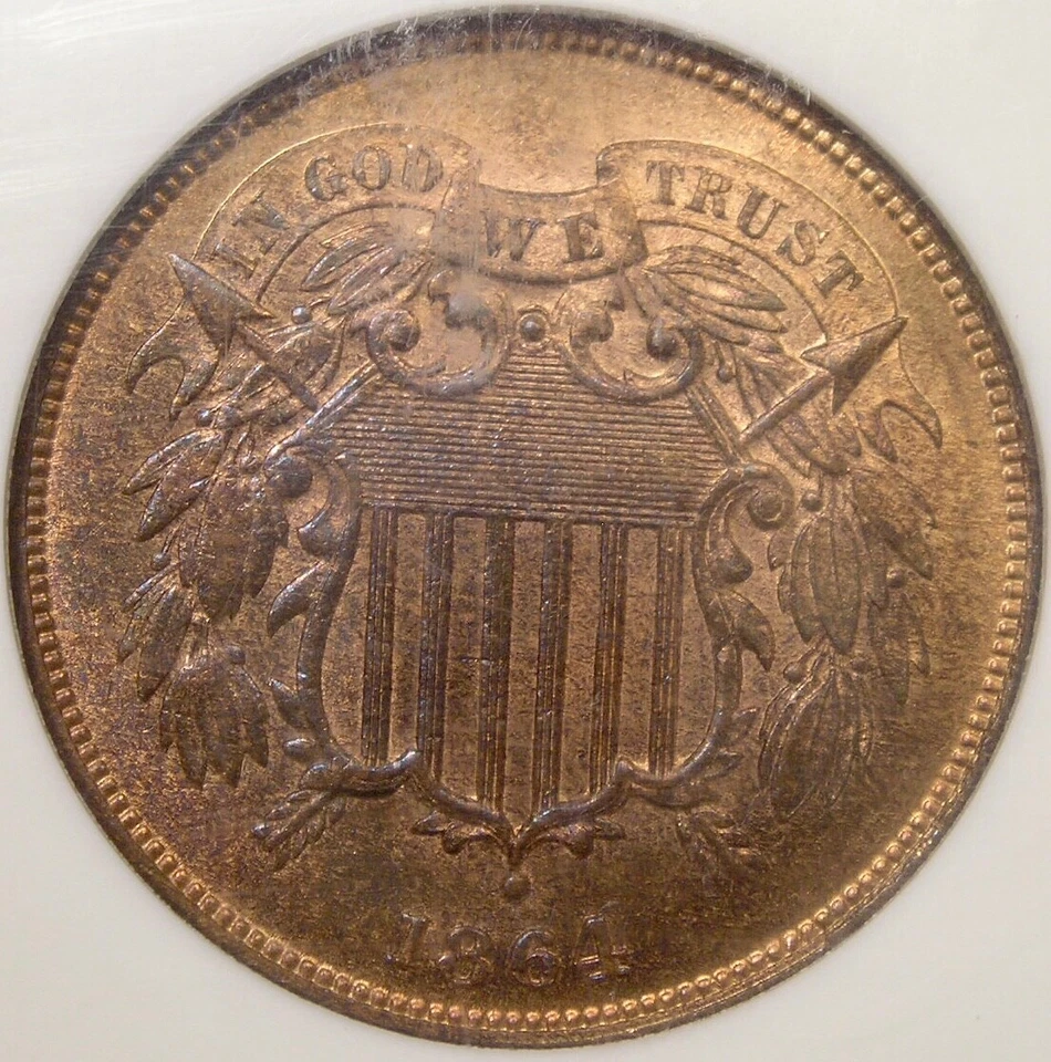 1864 TWO CENT PIECE GORGEOUS VERY SCARCE CHOICE PQ GEM NEAR TOP POP NGC MS 66 RB - Image 1 of 4
