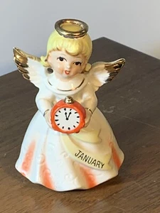 Vintage Lefton Japan JANUARY ANGEL Holding Clock Figurine (12C) - Picture 1 of 8