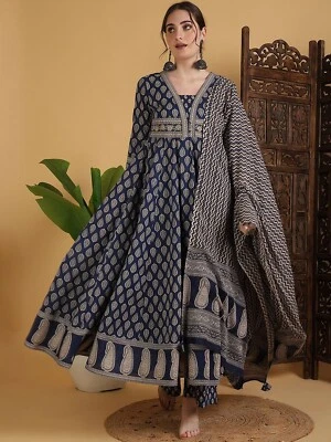 Mujer India Algodón Azul y Beige Estampado Anarkali Kurta con Palazzos y Dupatta Foto 1 de 4