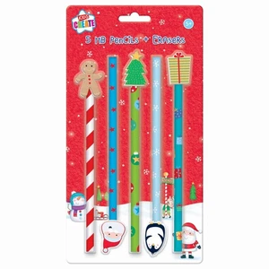 Navidad Lápices Hb Y Borradores Paquete De 5 - Regalo Divertido Papelería - Picture 1 of 1
