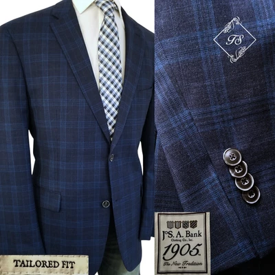 Jos Bank 1905 Recent Unstructured Wool Blazer 44R Blue Plaid Sport Coat Jacket - Image 1 of 4