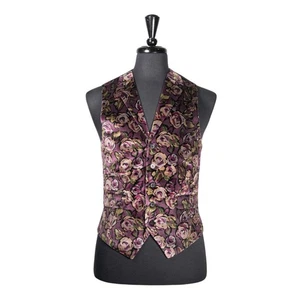Mens 40R Velvet Vest Purple Green Floral Waistcoat Formal Wedding Party Groom - Picture 1 of 9