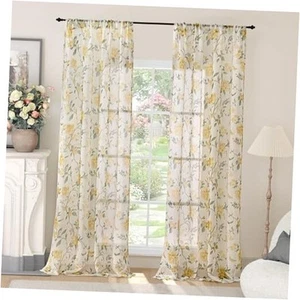 French Country Farmhouse Sheer Curtains for Living Room, Botanical Yellow - Picture 1 of 7